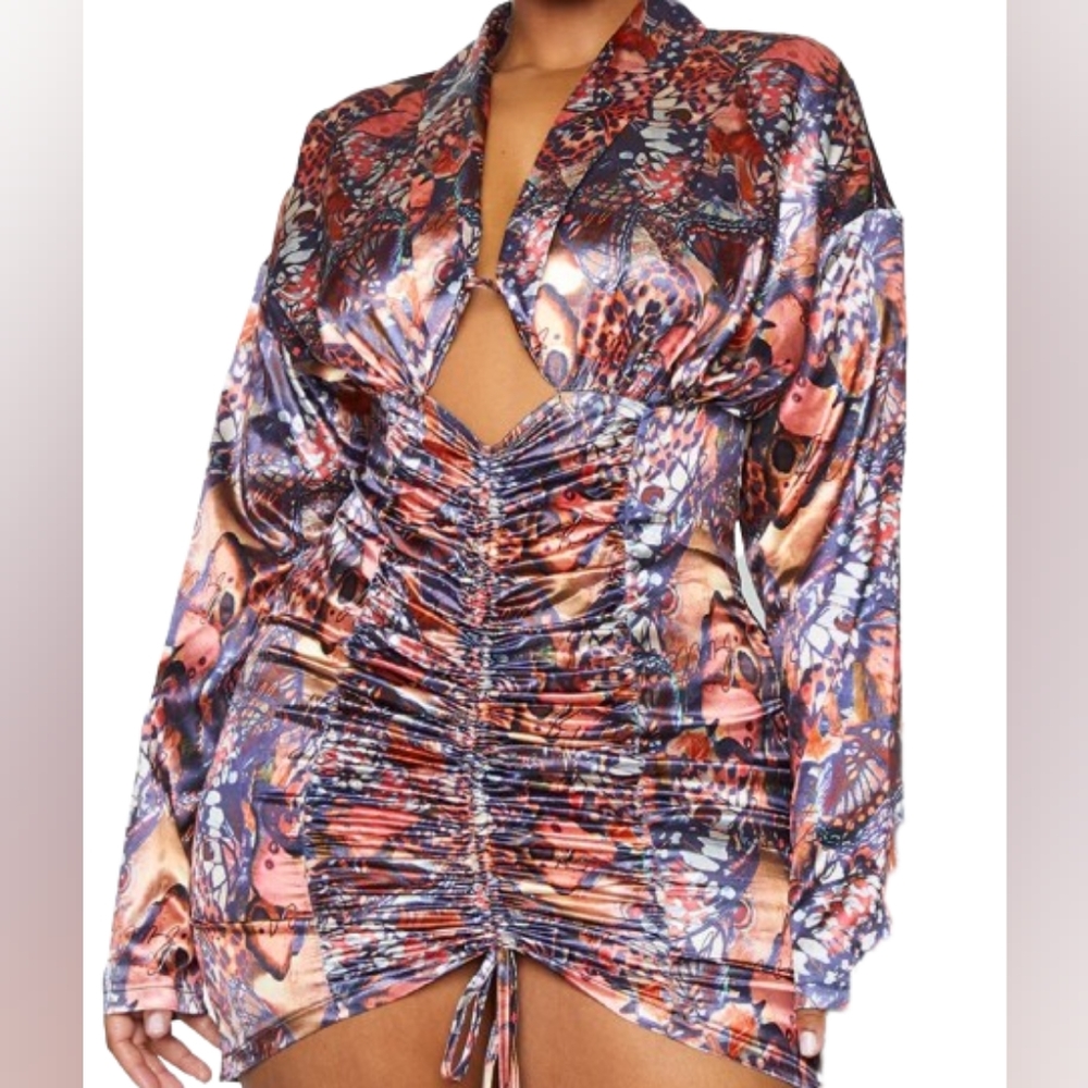 Pretty Little Thing Brown Multi Butterfly Satin Ruched Bodycon Dress, Size 22